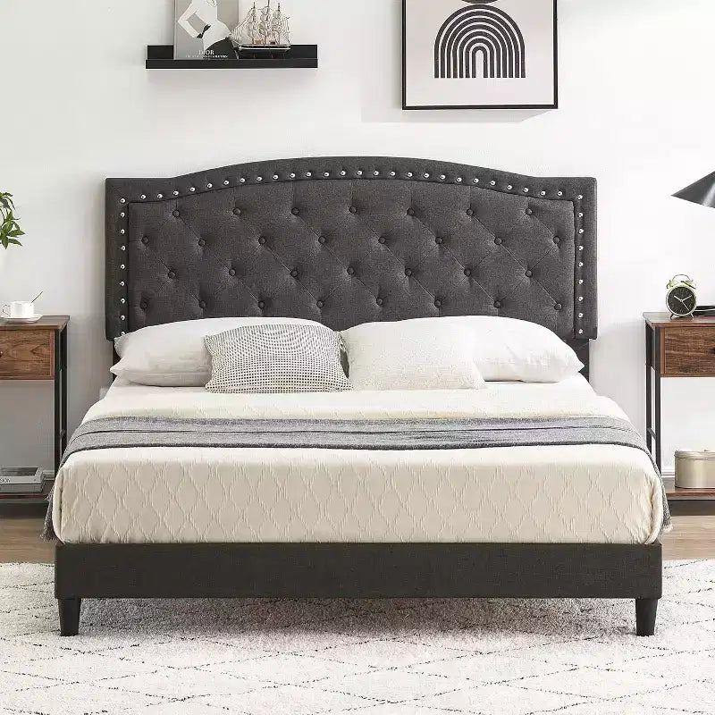 Cadre de lit plateforme rembourré avec tête de lit réglable, lit capitonné avec oreilles, aucun sommier tapissier requis, gris