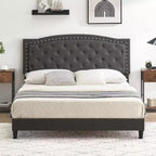Cadre de lit plateforme rembourré avec tête de lit réglable, lit capitonné avec oreilles, aucun sommier tapissier requis, gris