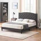 Cadre de lit plateforme rembourré avec tête de lit réglable, lit capitonné avec oreilles, aucun sommier tapissier requis, gris