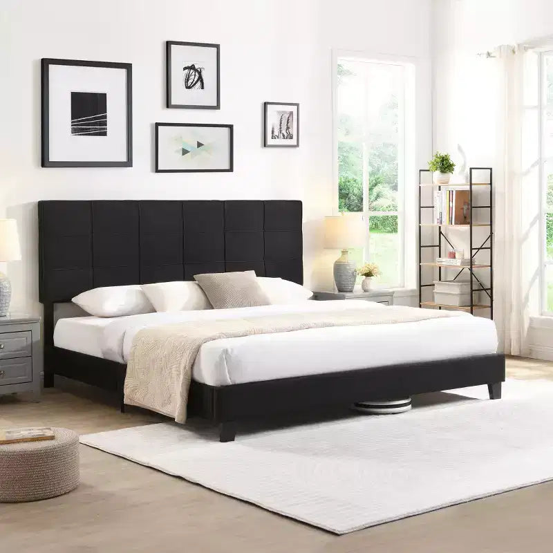 King Upholstered Platform Bed with Linen Headboard, Sturdy Support, No Box Spring Needed