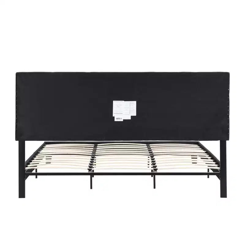 Lit plateforme King tapissé avec tête de lit en lin, support robuste, pas besoin de sommier tapissier