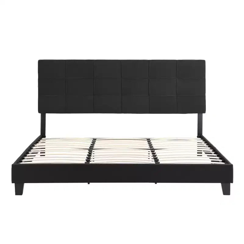 Lit plateforme King tapissé avec tête de lit en lin, support robuste, pas besoin de sommier tapissier