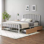 Bed Frame with Storage Drawers, White Metal Platform Bed with Headboard, 4 Large Drawers & Stable Support, No Box Spring Needed