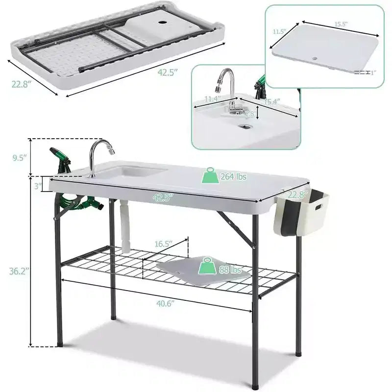 Table pliable pour nettoyer le poisson avec évier, Station de filetage extérieure, station de camping portable avec robinet et tuyau de drainage