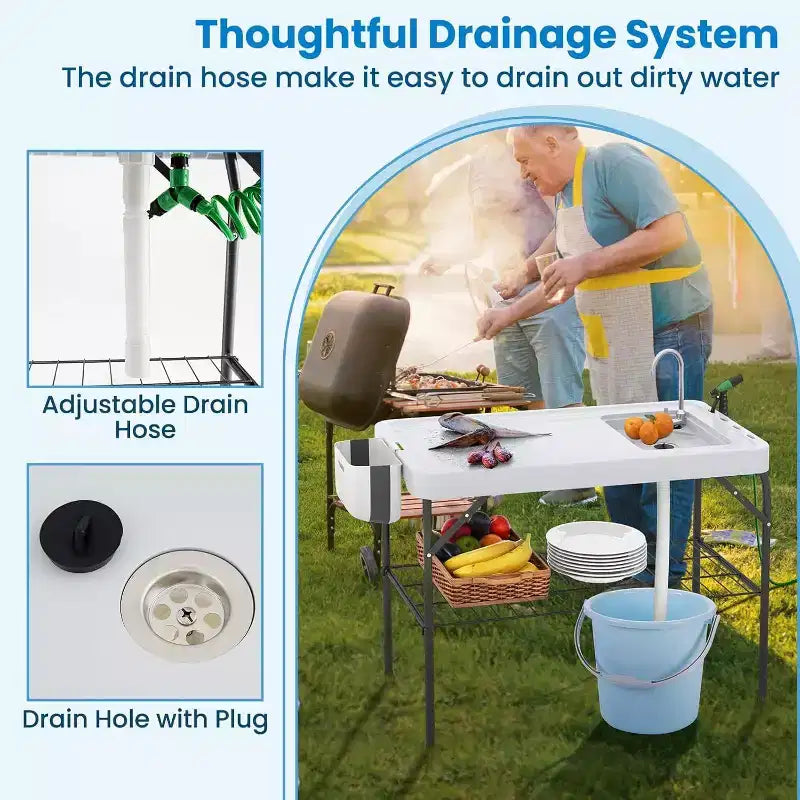 Table pliable pour nettoyer le poisson avec évier, Station de filetage extérieure, station de camping portable avec robinet et tuyau de drainage