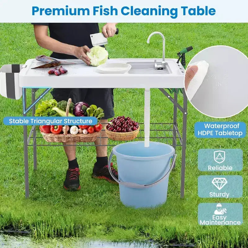 Table pliable pour nettoyer le poisson avec évier, Station de filetage extérieure, station de camping portable avec robinet et tuyau de drainage