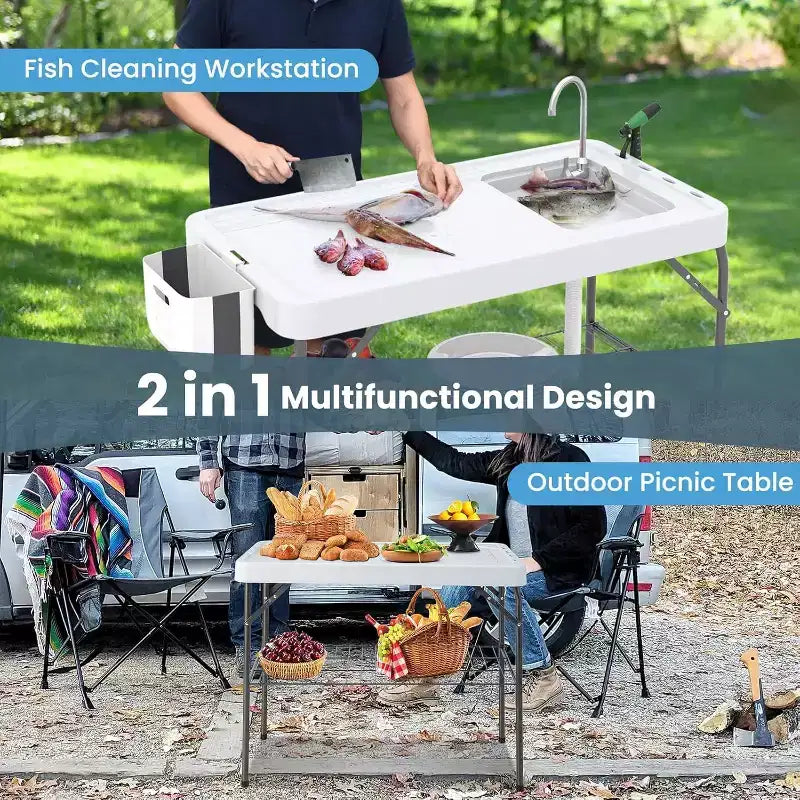 Table pliable pour nettoyer le poisson avec évier, Station de filetage extérieure, station de camping portable avec robinet et tuyau de drainage
