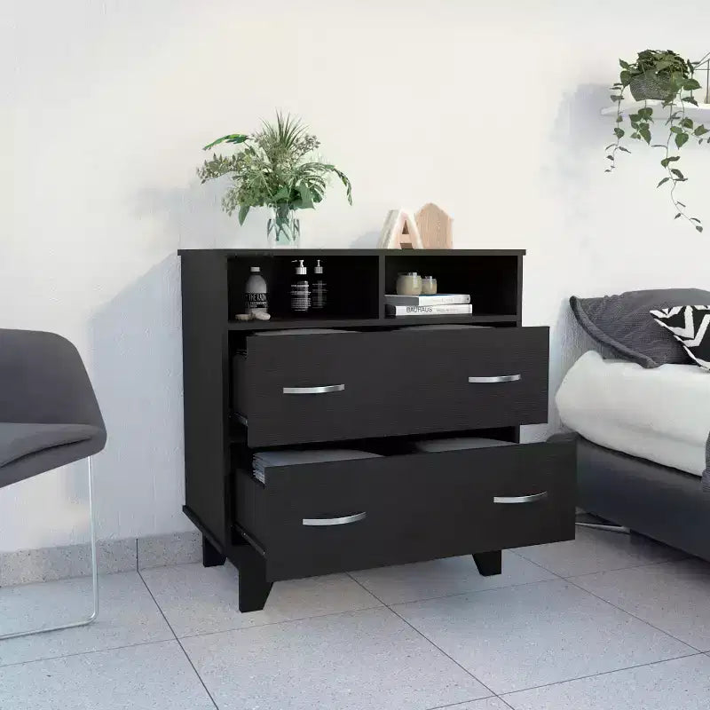 Commode 2 tiroirs 2 étagères Wengé