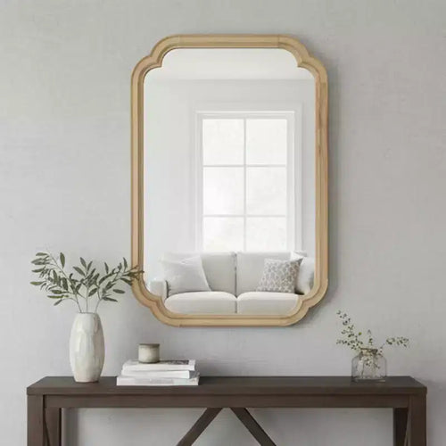 24 x 36 inch Natural Wood Color Solid Wood Frame Rounded Corner Wall Decorative Mirror for Bedroom Entryway and Living Room