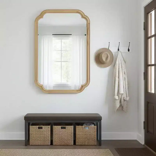Miroir mural décoratif 61 x 91 cm avec cadre en bois massif couleur bois naturel et coins arrondis pour chambre, entrée et salon