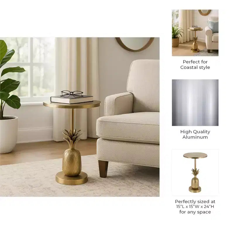 Table d'appoint, guéridon ou petite table de chevet unique pour la décoration intérieure - Table de chevet en métal avec base ananas pour chambre ou salon
