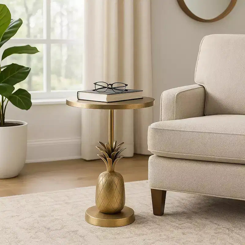 Table d'appoint, guéridon ou petite table de chevet unique pour la décoration intérieure - Table de chevet en métal avec base ananas pour chambre ou salon