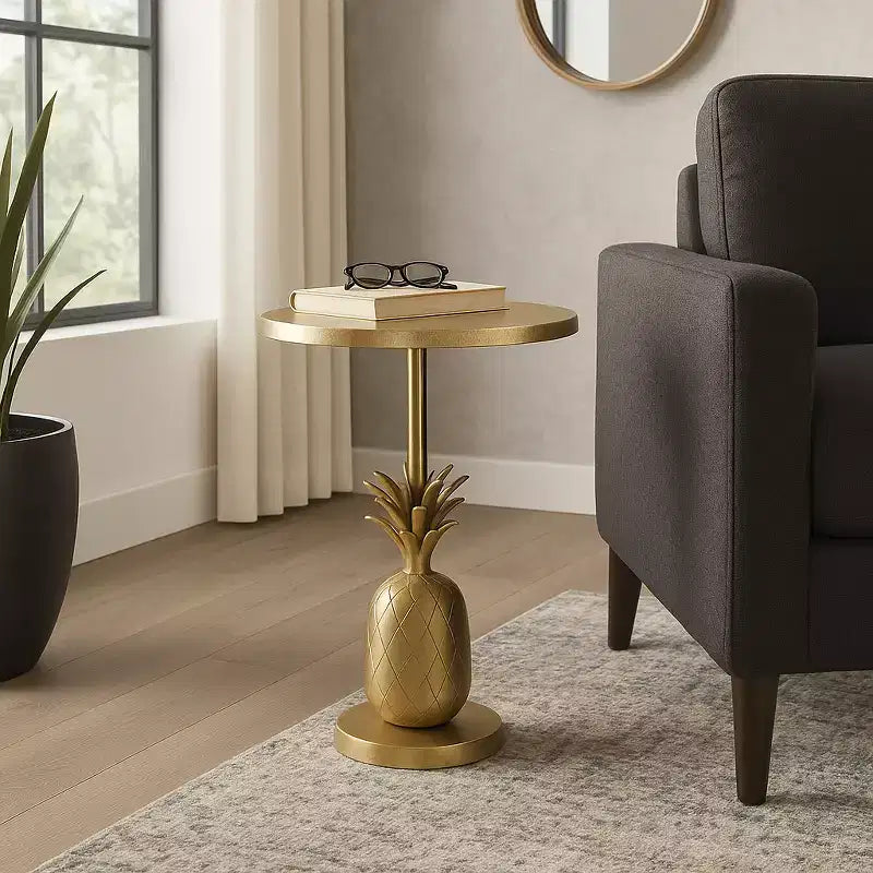 Table d'appoint, guéridon ou petite table de chevet unique pour la décoration intérieure - Table de chevet en métal avec base ananas pour chambre ou salon
