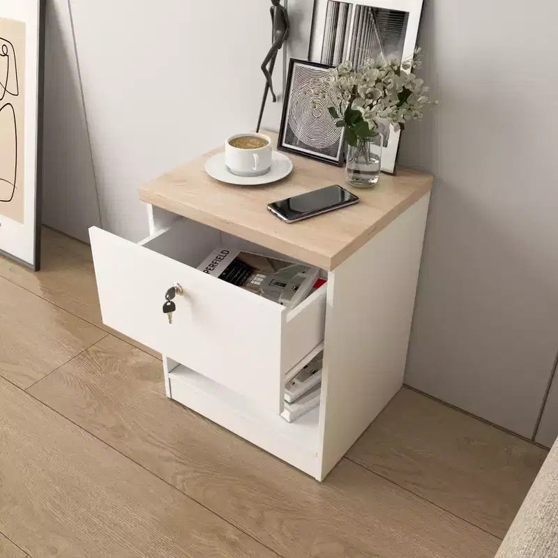 Homez Table d'appoint rectangulaire en bois chêne blanc et naturel de 40 cm avec 1 tiroir