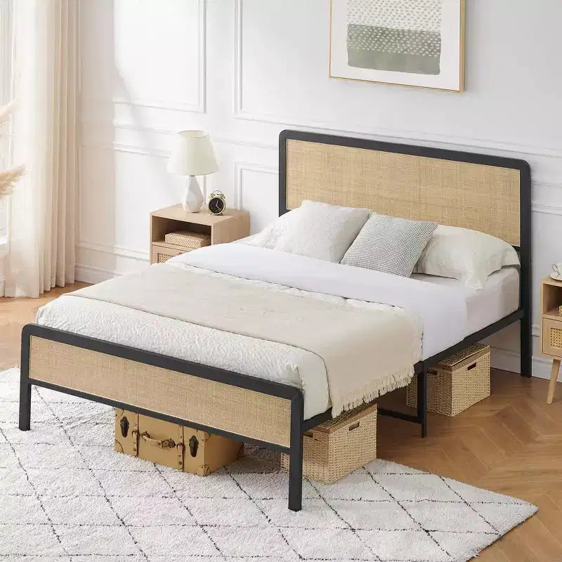 Cadre de lit en métal pleine grandeur GustoWave pour adulte avec tête et pied de lit en rotin, rangement sous le lit, pas besoin de sommier tapissier