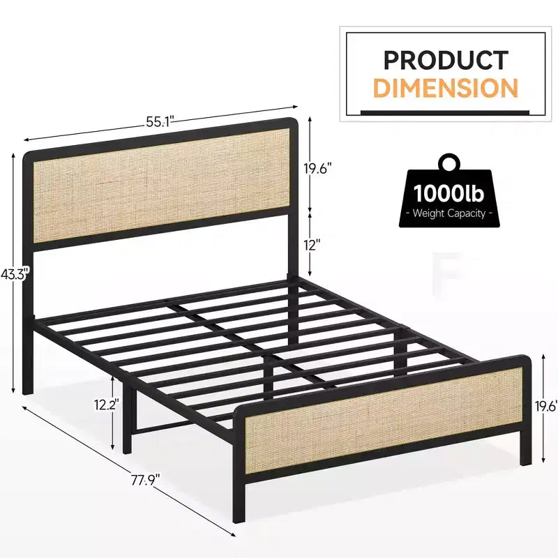 Cadre de lit en métal pleine grandeur GustoWave pour adulte avec tête et pied de lit en rotin, rangement sous le lit, pas besoin de sommier tapissier