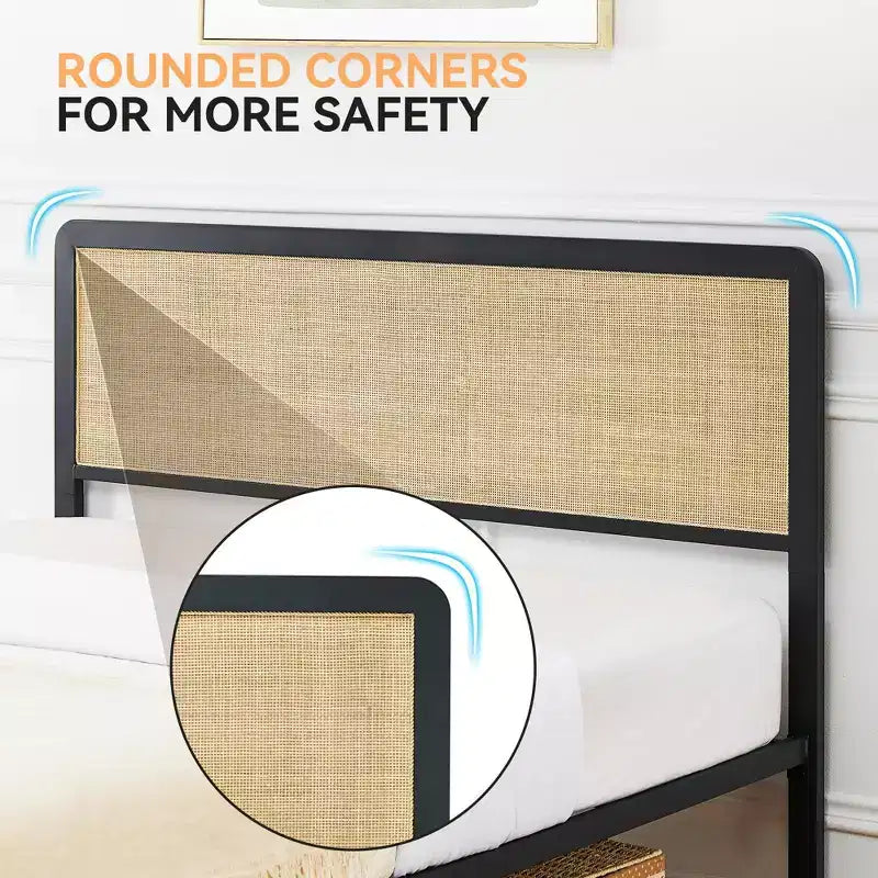 Cadre de lit en métal pleine grandeur GustoWave pour adulte avec tête et pied de lit en rotin, rangement sous le lit, pas besoin de sommier tapissier