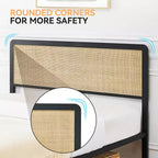 Cadre de lit en métal pleine grandeur GustoWave pour adulte avec tête et pied de lit en rotin, rangement sous le lit, pas besoin de sommier tapissier