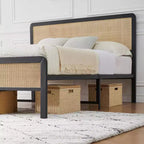 Cadre de lit en métal pleine grandeur GustoWave pour adulte avec tête et pied de lit en rotin, rangement sous le lit, pas besoin de sommier tapissier