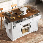 Îlot de cuisine Okak avec prise de courant, Chariot de cuisine avec 2 portes coulissantes de style grange, abattant et porte-épices, Îlot de cuisine roulant pour la cuisine