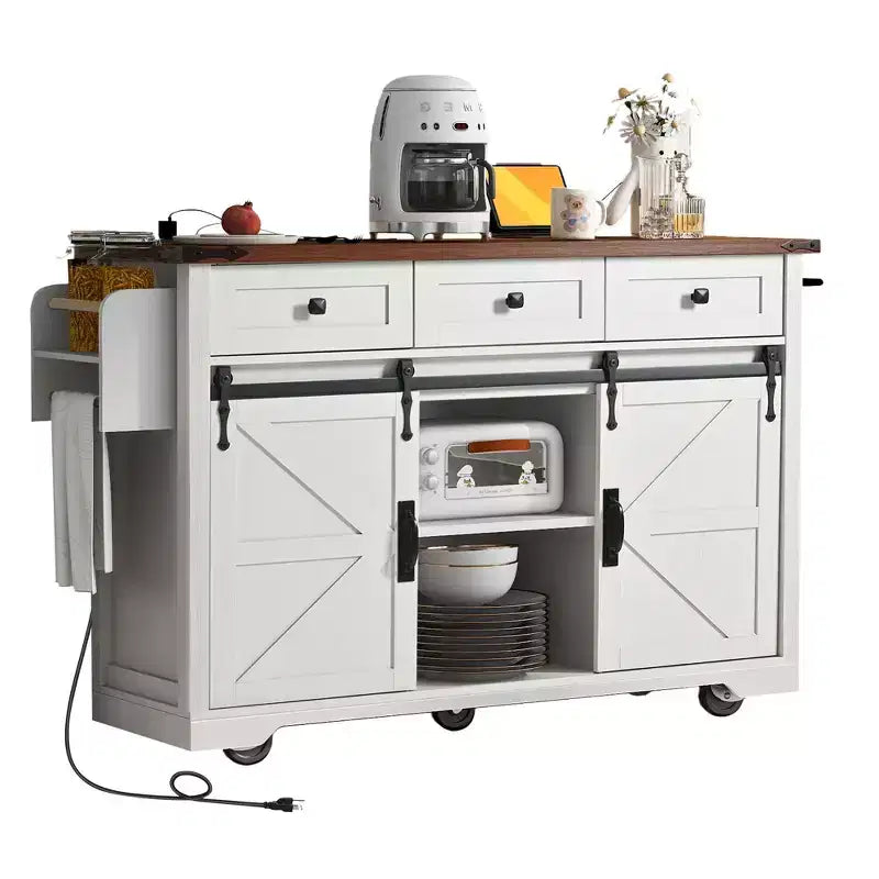 Îlot de cuisine Okak avec prise de courant, Chariot de cuisine avec 2 portes coulissantes de style grange, abattant et porte-épices, Îlot de cuisine roulant pour la cuisine