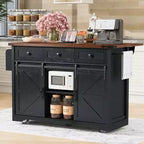 Îlot de cuisine Okak avec prise de courant, Chariot de cuisine avec 2 portes coulissantes de style grange, abattant et porte-épices, Îlot de cuisine roulant pour la cuisine