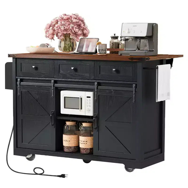 Îlot de cuisine Okak avec prise de courant, Chariot de cuisine avec 2 portes coulissantes de style grange, abattant et porte-épices, Îlot de cuisine roulant pour la cuisine