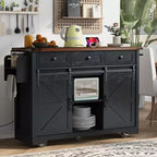 Îlot de cuisine Okak avec prise de courant, Chariot de cuisine avec 2 portes coulissantes de style grange, abattant et porte-épices, Îlot de cuisine roulant pour la cuisine
