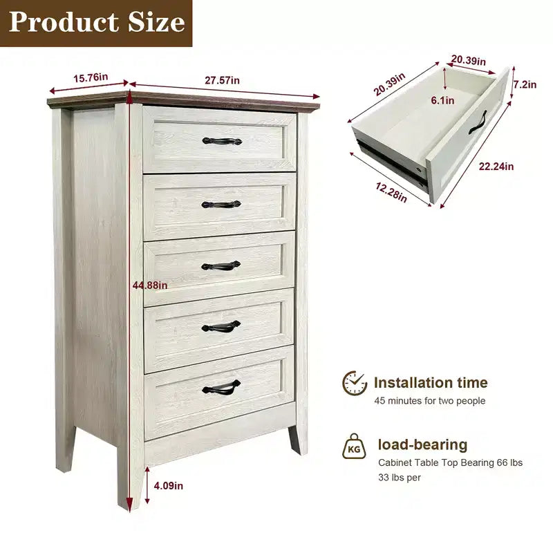 Commode en bois, meuble-lavabo haut de style rustique avec de larges poignées métalliques, adapté au rangement dans les chambres, les couloirs et les salons.
