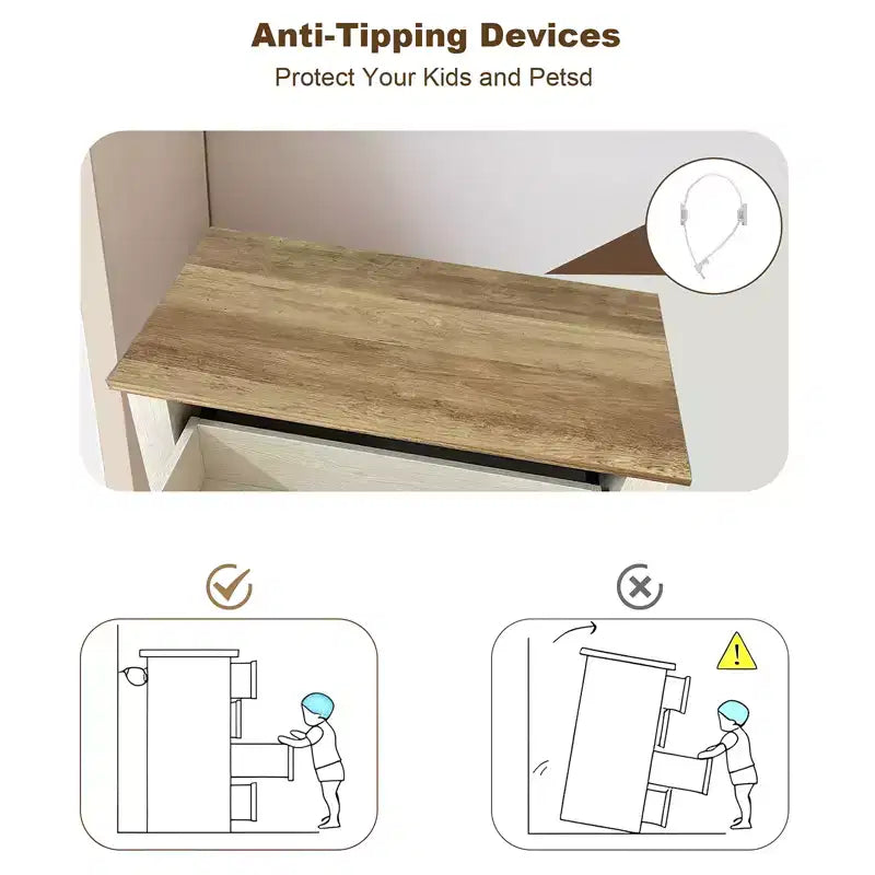 Commode en bois, meuble-lavabo haut de style rustique avec de larges poignées métalliques, adapté au rangement dans les chambres, les couloirs et les salons.