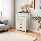 Commode en bois, meuble-lavabo haut de style rustique avec de larges poignées métalliques, adapté au rangement dans les chambres, les couloirs et les salons.