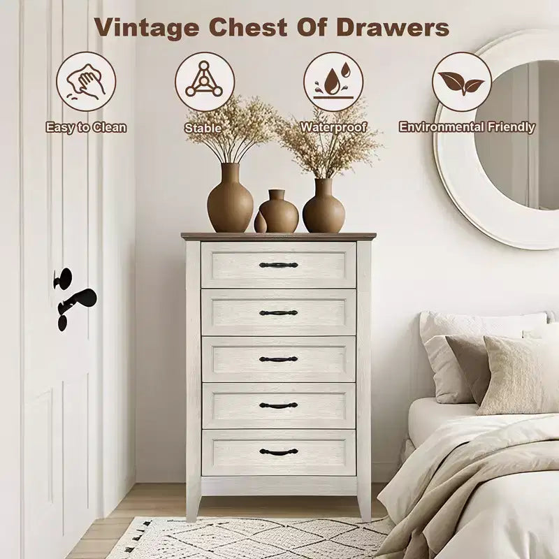 Commode en bois, meuble-lavabo haut de style rustique avec de larges poignées métalliques, adapté au rangement dans les chambres, les couloirs et les salons.