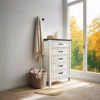 Commode en bois, meuble-lavabo haut de style rustique avec de larges poignées métalliques, adapté au rangement dans les chambres, les couloirs et les salons.