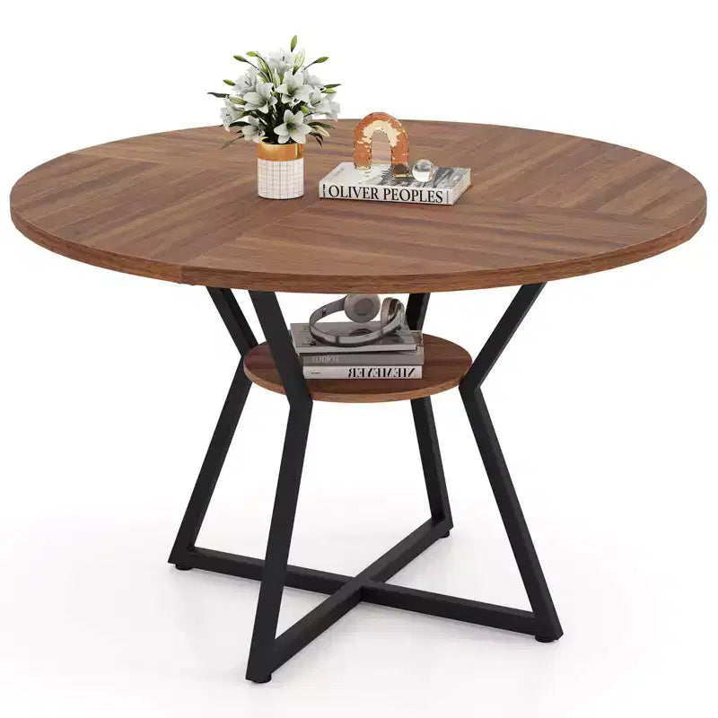 Costway 47 Round Dining Table for 4 with Storage Shelf, Wooden Tabletop, Metal Base
