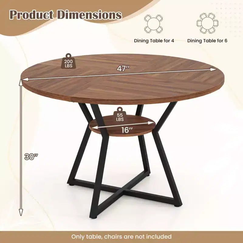 Costway Table à Manger Ronde 47" pour 4 Personnes avec Étagère de Rangement, Plateau en Bois, Base en Métal