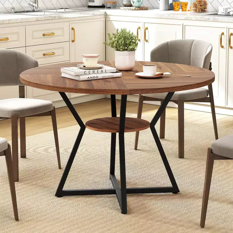 Costway Table à Manger Ronde 47" pour 4 Personnes avec Étagère de Rangement, Plateau en Bois, Base en Métal