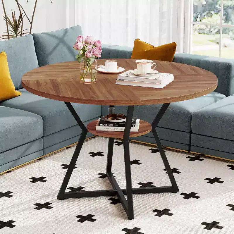 Costway Table à Manger Ronde 47" pour 4 Personnes avec Étagère de Rangement, Plateau en Bois, Base en Métal