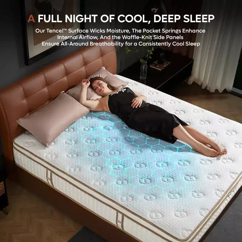Matelas hybride 25 cm Tencel double, couche moelleuse et mousse à mémoire de forme au gel rafraîchissant, livré en boîte