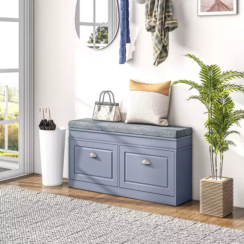 Banc à chaussures moderne, banc d'entrée avec coussin, 2 tiroirs, banc ottoman de rangement, peut contenir 8 paires de chaussures