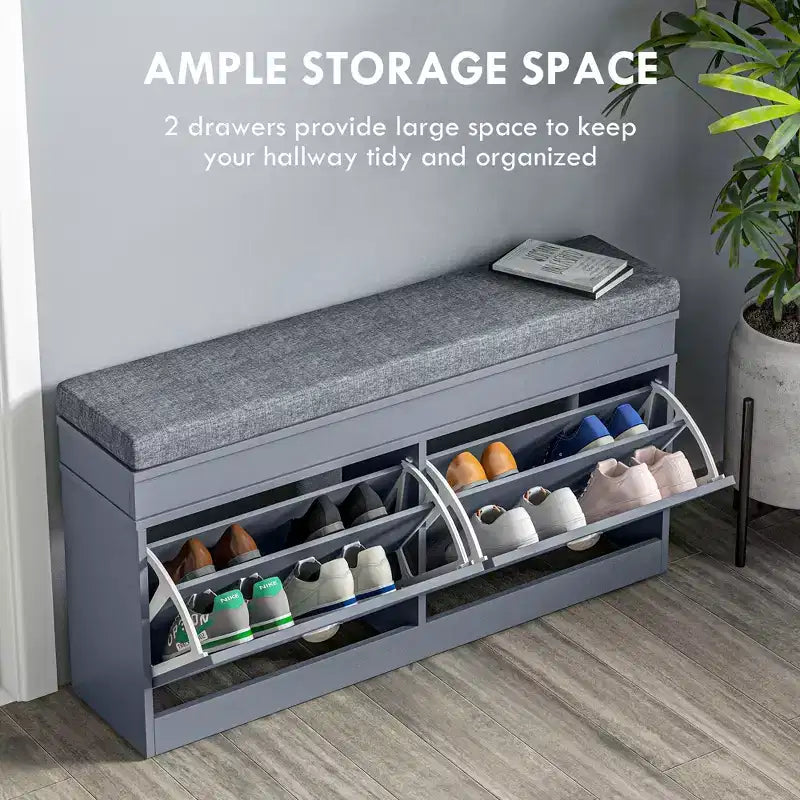Banc à chaussures moderne, banc d'entrée avec coussin, 2 tiroirs, banc ottoman de rangement, peut contenir 8 paires de chaussures