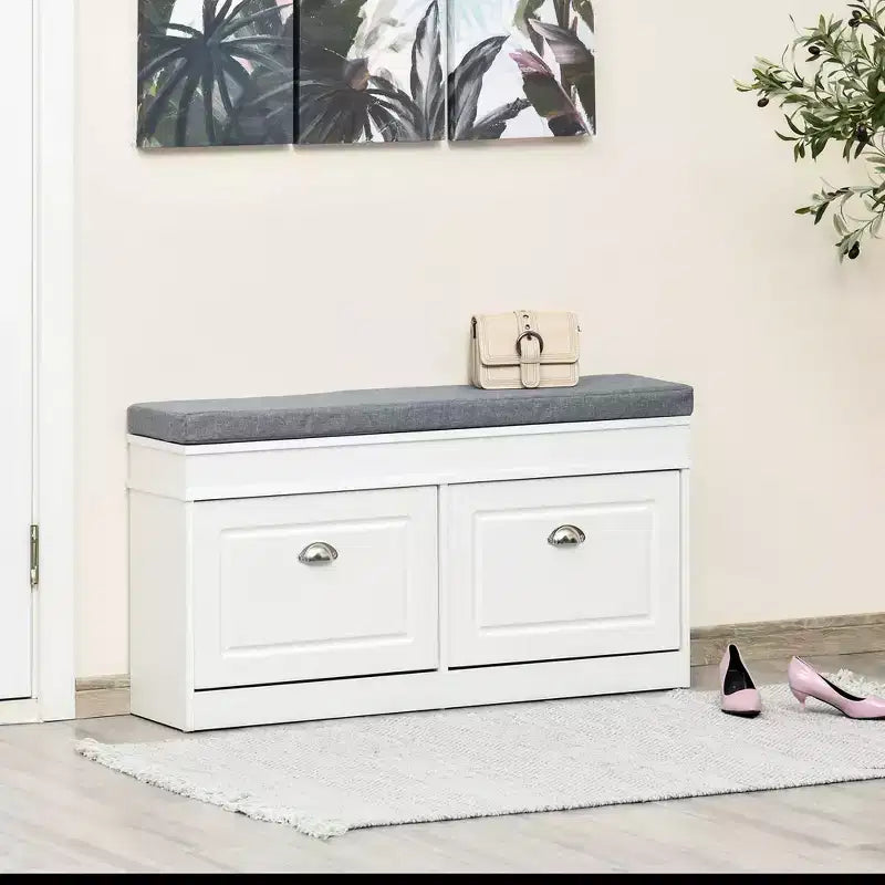Banc à chaussures moderne, banc d'entrée avec coussin, 2 tiroirs, banc ottoman de rangement, peut contenir 8 paires de chaussures