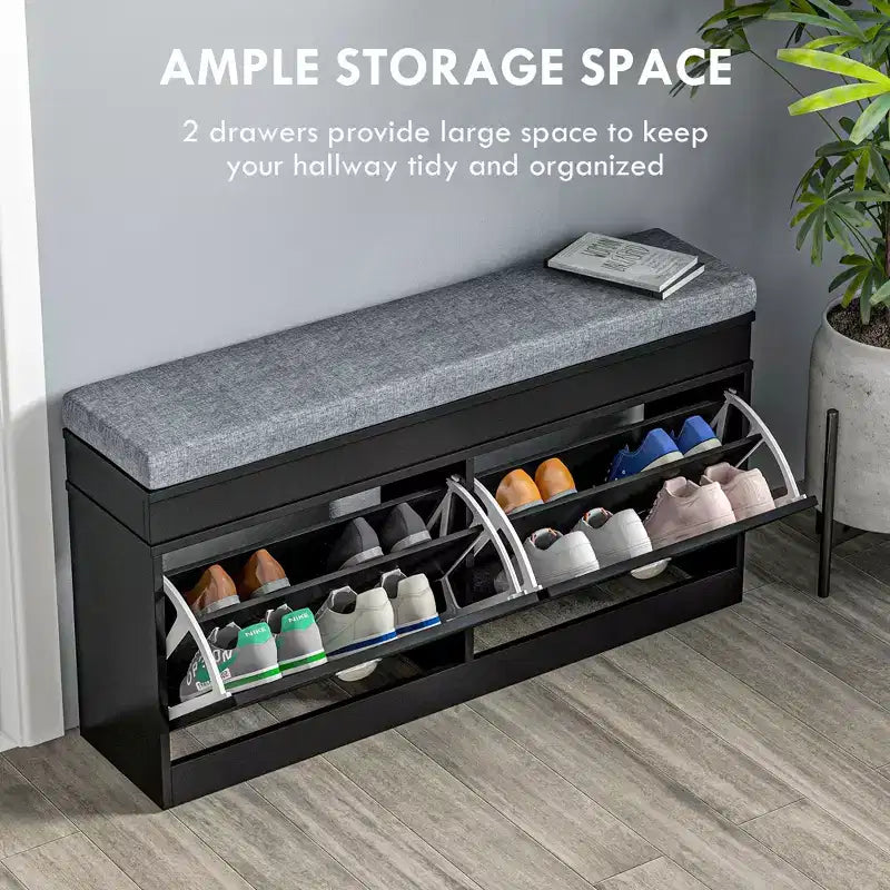 Banc à chaussures moderne, banc d'entrée avec coussin, 2 tiroirs, banc ottoman de rangement, peut contenir 8 paires de chaussures