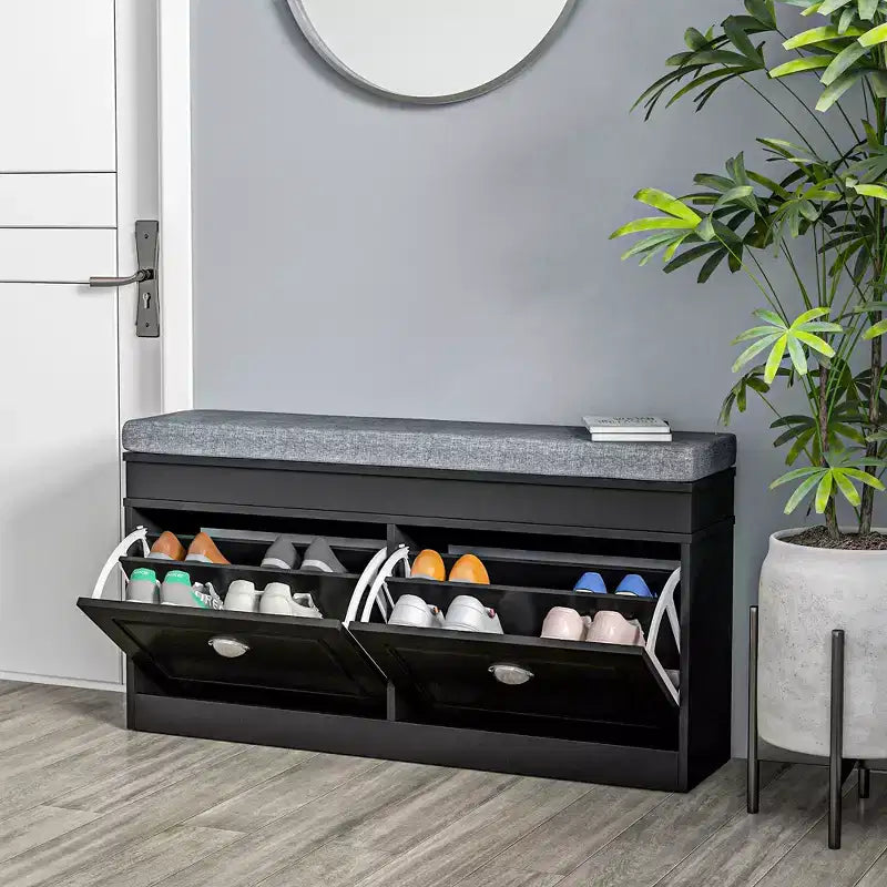 Banc à chaussures moderne, banc d'entrée avec coussin, 2 tiroirs, banc ottoman de rangement, peut contenir 8 paires de chaussures