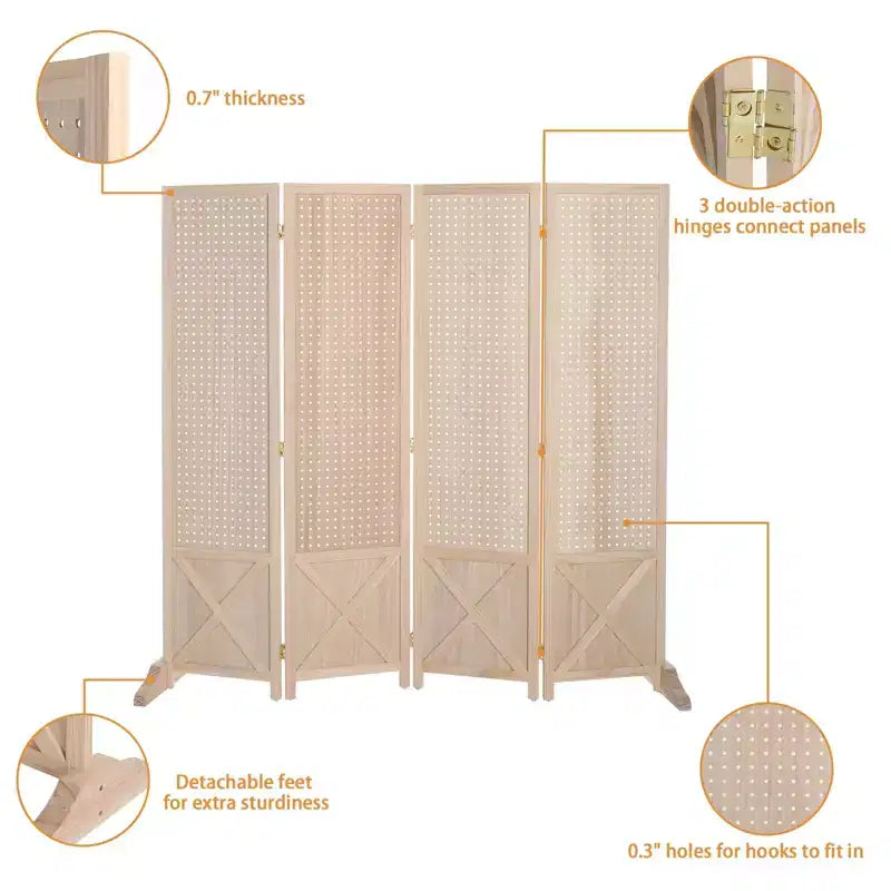 VINGLI Séparateur de pièce autoportant 4 panneaux en bois avec pieds, tableau perforé de 1,5 m, cloison pour salons d'artisanat et vente au détail (Naturel)