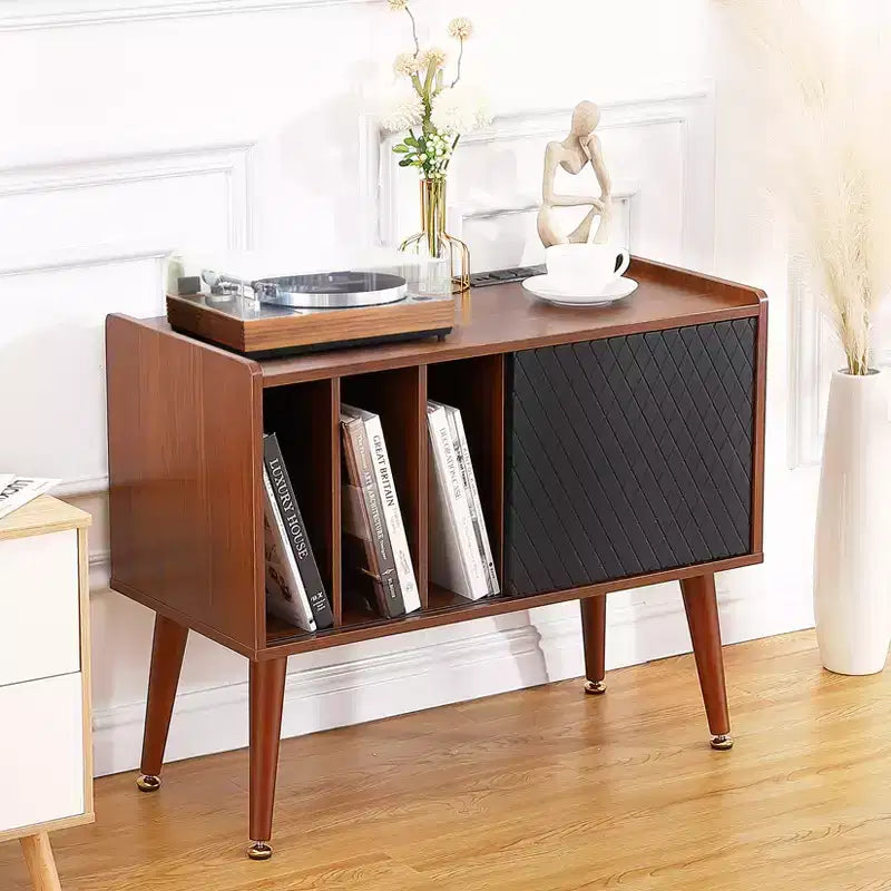 Meuble de rangement pour disques vinyles COZONY avec porte coulissante, meuble tourne-disque pour salon et chambre à coucher, table d'appoint rustique avec grand espace de rangement
