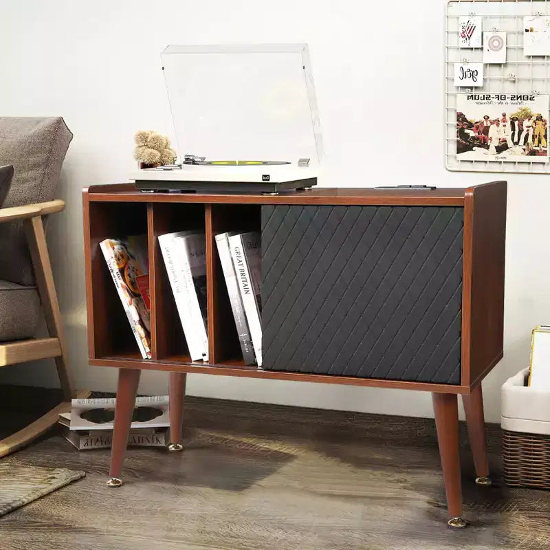 Meuble de rangement pour disques vinyles COZONY avec porte coulissante, meuble tourne-disque pour salon et chambre à coucher, table d'appoint rustique avec grand espace de rangement