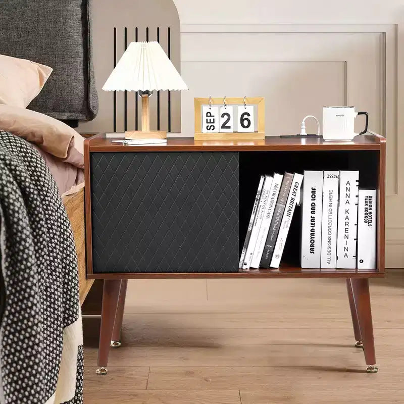 Meuble de rangement pour disques vinyles COZONY avec porte coulissante, meuble tourne-disque pour salon et chambre à coucher, table d'appoint rustique avec grand espace de rangement