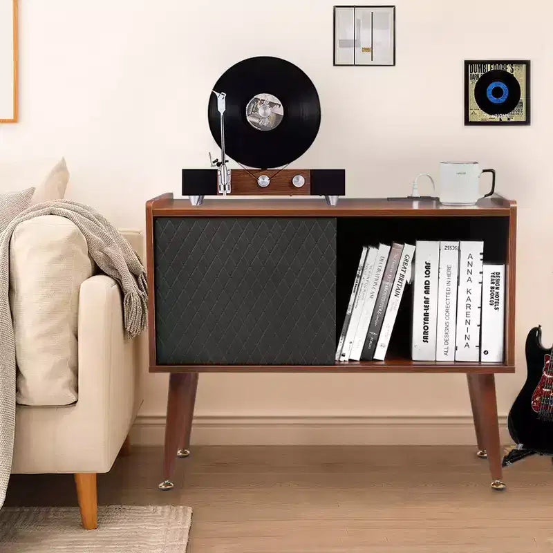 Meuble de rangement pour disques vinyles COZONY avec porte coulissante, meuble tourne-disque pour salon et chambre à coucher, table d'appoint rustique avec grand espace de rangement