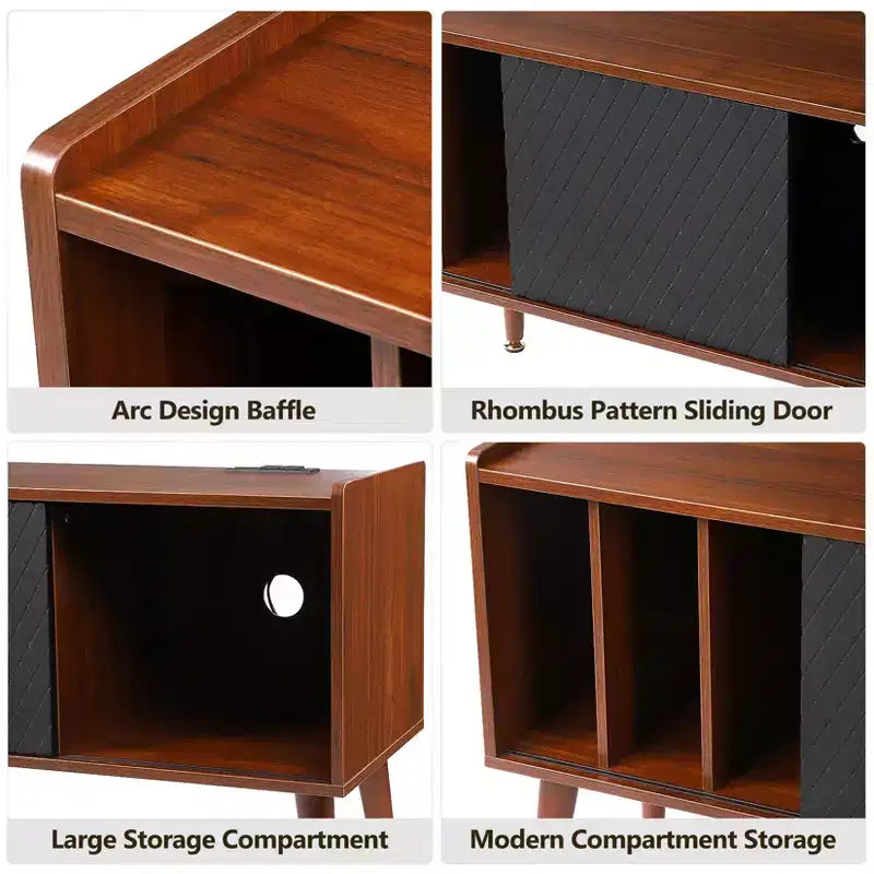 Meuble de rangement pour disques vinyles COZONY avec porte coulissante, meuble tourne-disque pour salon et chambre à coucher, table d'appoint rustique avec grand espace de rangement