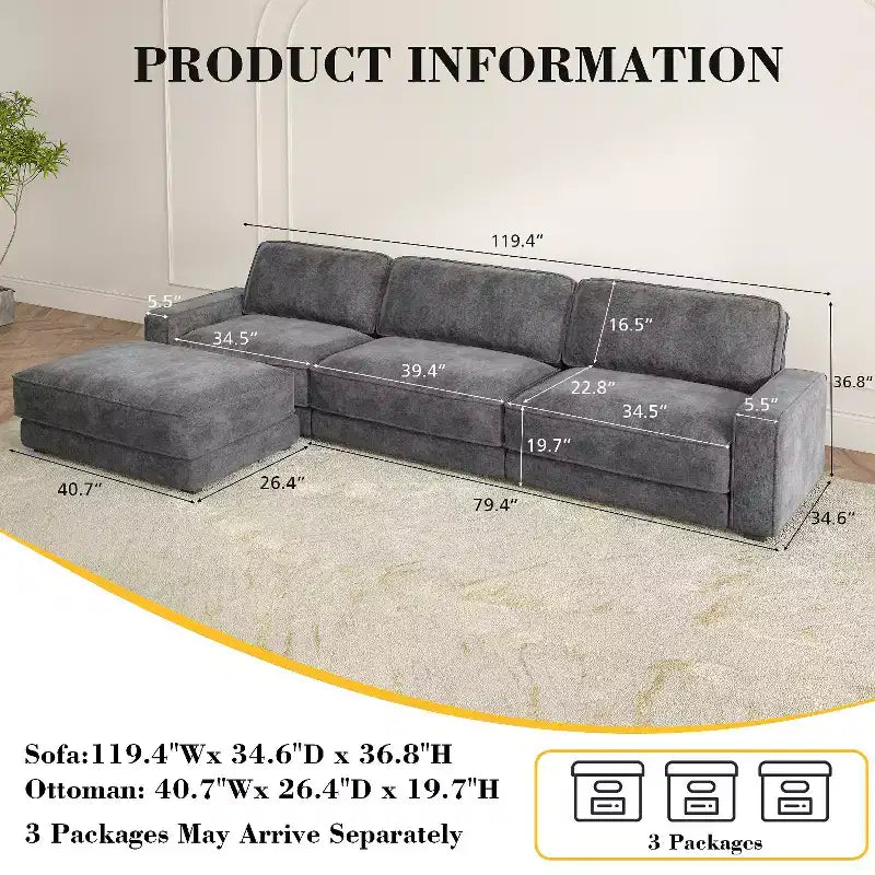 Dyonery 119 Canapé d'angle modulable convertible, en tissu CHENILLE avec assise profonde, assemblage sans outils
